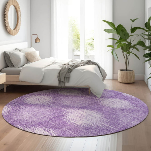 HomeRoots 8' Stylish Plum & Ivory Ikat Washable Round Rug with UV Protection for Homes with Kids & Pets 667542