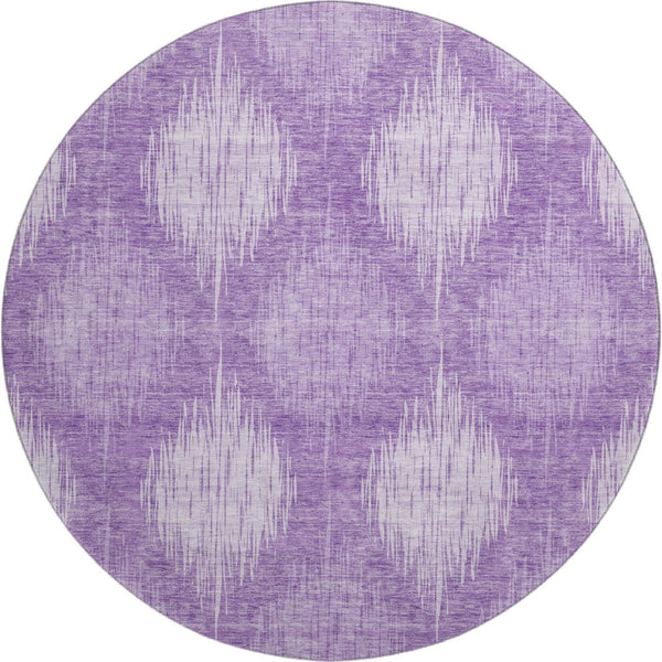 HomeRoots 8' Stylish Plum & Ivory Ikat Washable Round Rug with UV Protection for Homes with Kids & Pets 667542