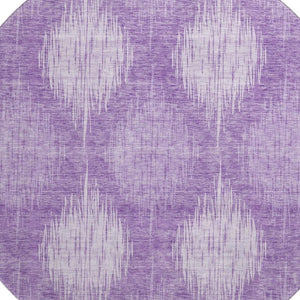 HomeRoots 8' Stylish Plum & Ivory Ikat Washable Round Rug with UV Protection for Homes with Kids & Pets 667542