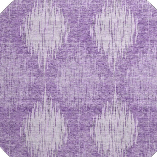 HomeRoots 8' Stylish Plum & Ivory Ikat Washable Round Rug with UV Protection for Homes with Kids & Pets 667542