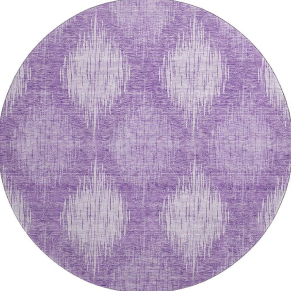 HomeRoots 8' Stylish Plum & Ivory Ikat Washable Round Rug with UV Protection for Homes with Kids & Pets 667542