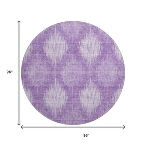 HomeRoots 8' Stylish Plum & Ivory Ikat Washable Round Rug with UV Protection for Homes with Kids & Pets 667542