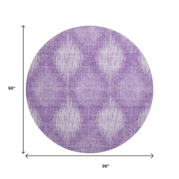 HomeRoots 8' Stylish Plum & Ivory Ikat Washable Round Rug with UV Protection for Homes with Kids & Pets 667542