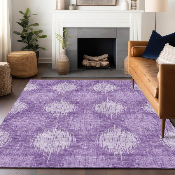 HomeRoots 10' X 14' Washable Plum and Ivory Ikat Area Rug - UV Protected, Stylish, Durable for Family Spaces 667545