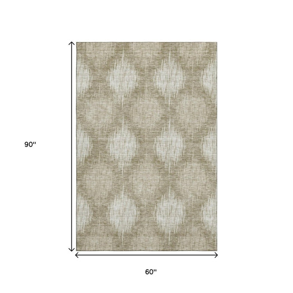 HomeRoots 5' X 8' Taupe And Ivory Ikat Area Rug - Washable, UV-Protected, Durable Design for Families & Pets 667547