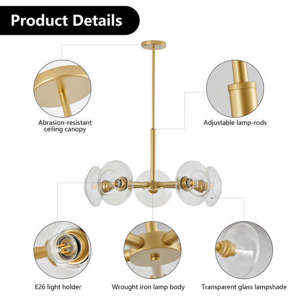 English Elm 26" Modern Gold 5-Light Sputnik Chandelier with Clear Glass Shades, Mid-Century Pendant for Dining W1340P233172