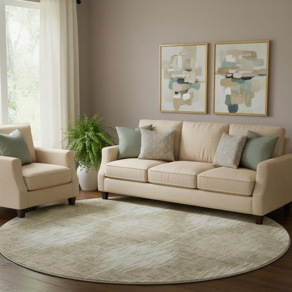 HomeRoots 8' Stylish Taupe and Ivory Ikat Round Rug – Washable, UV Protected, Durable for High-Traffic Areas 667548