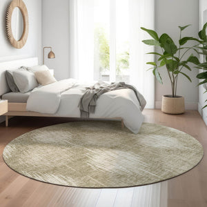 HomeRoots 8' Stylish Taupe and Ivory Ikat Round Rug – Washable, UV Protected, Durable for High-Traffic Areas 667548