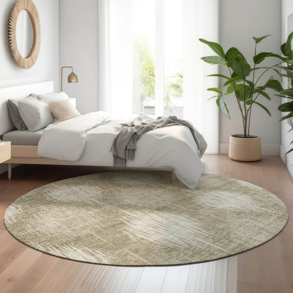 HomeRoots 8' Stylish Taupe and Ivory Ikat Round Rug – Washable, UV Protected, Durable for High-Traffic Areas 667548