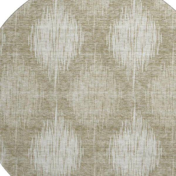 HomeRoots 8' Stylish Taupe and Ivory Ikat Round Rug – Washable, UV Protected, Durable for High-Traffic Areas 667548