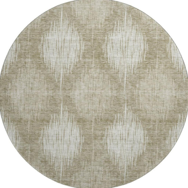 HomeRoots 8' Stylish Taupe and Ivory Ikat Round Rug – Washable, UV Protected, Durable for High-Traffic Areas 667548
