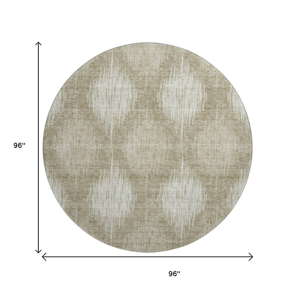 HomeRoots 8' Stylish Taupe and Ivory Ikat Round Rug – Washable, UV Protected, Durable for High-Traffic Areas 667548