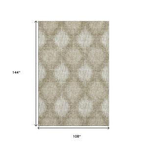 HomeRoots 9' X 12' Taupe & Ivory Ikat Area Rug - Washable, UV Protected, Durable for Modern Living Spaces 667550