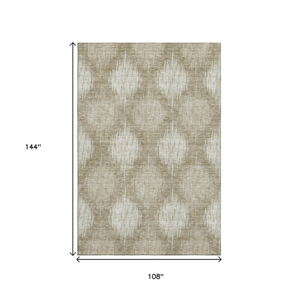 HomeRoots 9' X 12' Taupe & Ivory Ikat Area Rug - Washable, UV Protected, Durable for Modern Living Spaces 667550