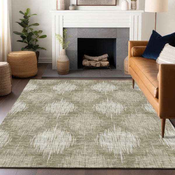 HomeRoots 9' X 12' Taupe & Ivory Ikat Area Rug - Washable, UV Protected, Durable for Modern Living Spaces 667550