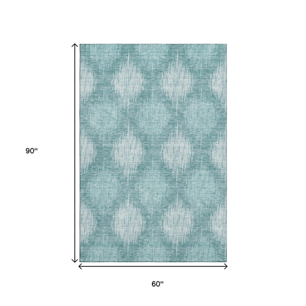 HomeRoots 5' X 8' Teal And Ivory Ikat Area Rug - Soft, Durable, Stain-Resistant with UV Protection for Homes 667553