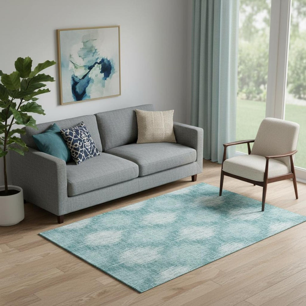 HomeRoots 5' X 8' Teal And Ivory Ikat Area Rug - Soft, Durable, Stain-Resistant with UV Protection for Homes 667553