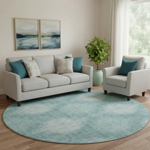 HomeRoots 8' Teal and Ivory Ikat Round Rug - Washable, Stain-Resistant, UV Protected, Durable for High-Traffic Homes 667554