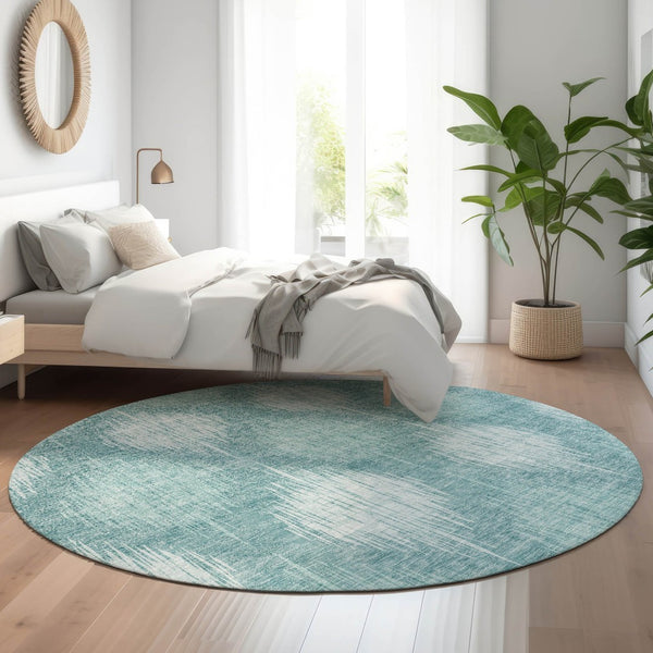 HomeRoots 8' Teal and Ivory Ikat Round Rug - Washable, Stain-Resistant, UV Protected, Durable for High-Traffic Homes 667554