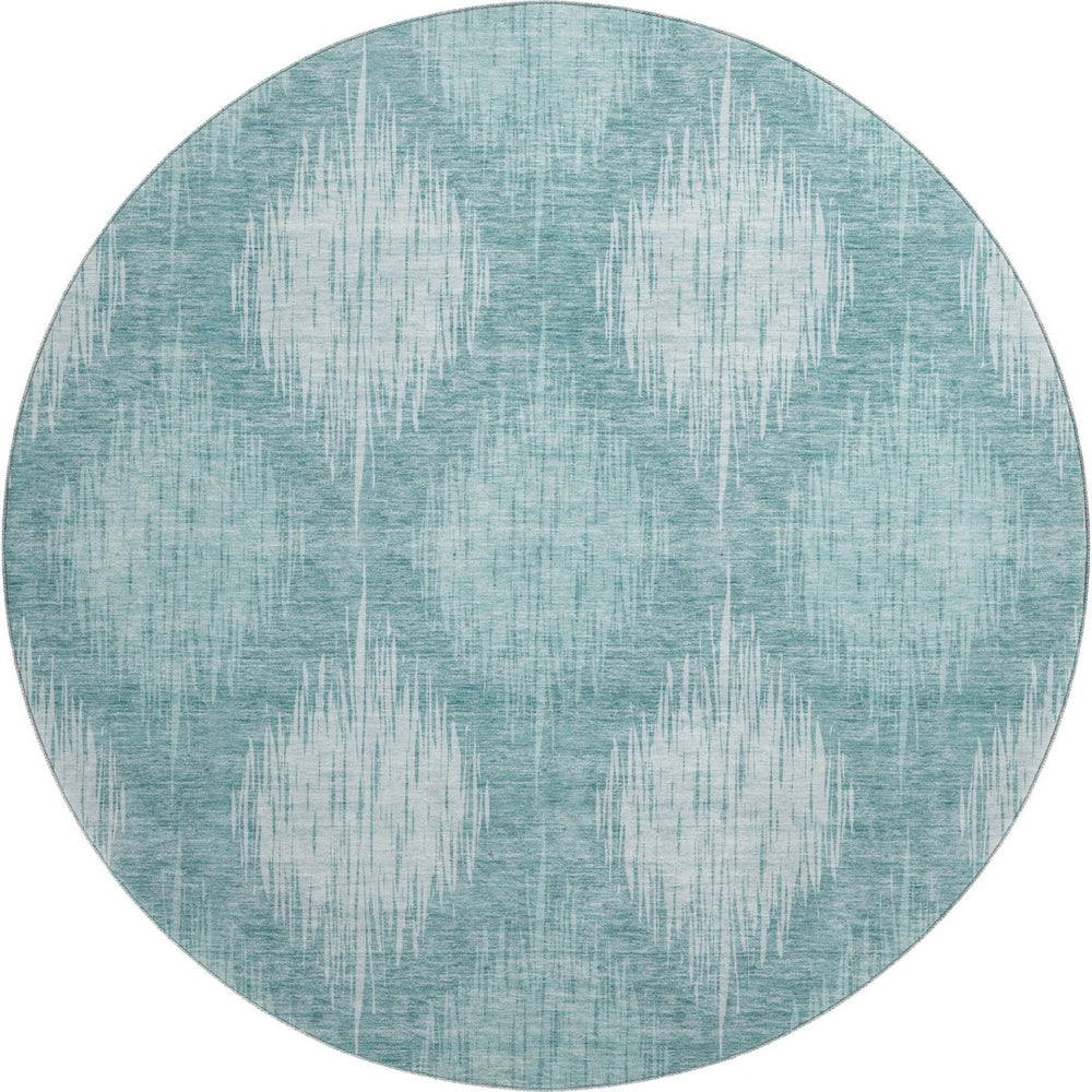 HomeRoots 8' Teal and Ivory Ikat Round Rug - Washable, Stain-Resistant, UV Protected, Durable for High-Traffic Homes 667554