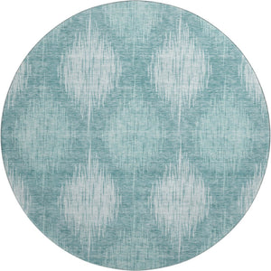 HomeRoots 8' Teal and Ivory Ikat Round Rug - Washable, Stain-Resistant, UV Protected, Durable for High-Traffic Homes 667554