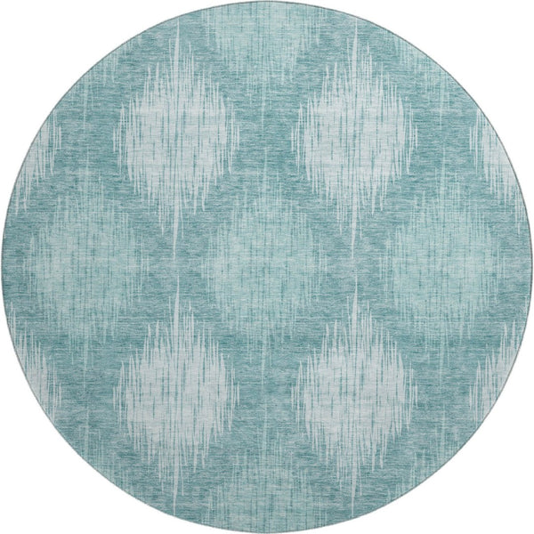 HomeRoots 8' Teal and Ivory Ikat Round Rug - Washable, Stain-Resistant, UV Protected, Durable for High-Traffic Homes 667554