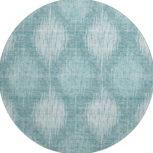 HomeRoots 8' Teal and Ivory Ikat Round Rug - Washable, Stain-Resistant, UV Protected, Durable for High-Traffic Homes 667554
