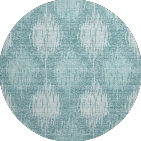 HomeRoots 8' Teal and Ivory Ikat Round Rug - Washable, Stain-Resistant, UV Protected, Durable for High-Traffic Homes 667554