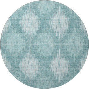 HomeRoots 8' Teal and Ivory Ikat Round Rug - Washable, Stain-Resistant, UV Protected, Durable for High-Traffic Homes 667554