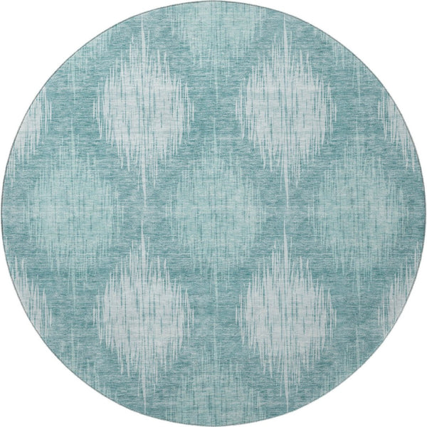 HomeRoots 8' Teal and Ivory Ikat Round Rug - Washable, Stain-Resistant, UV Protected, Durable for High-Traffic Homes 667554