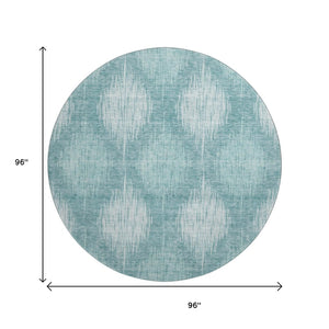 HomeRoots 8' Teal and Ivory Ikat Round Rug - Washable, Stain-Resistant, UV Protected, Durable for High-Traffic Homes 667554