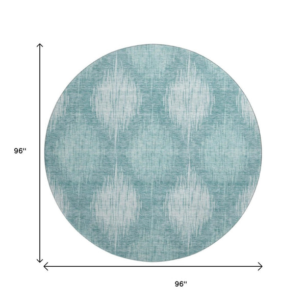 HomeRoots 8' Teal and Ivory Ikat Round Rug - Washable, Stain-Resistant, UV Protected, Durable for High-Traffic Homes 667554