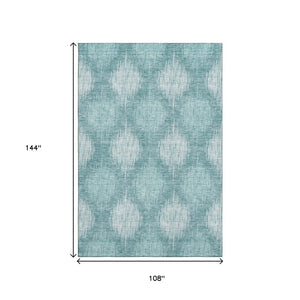 HomeRoots 9' X 12' Teal And Ivory Ikat Area Rug - Stylish, Washable, UV-Protected for Everyday Family Living 667556