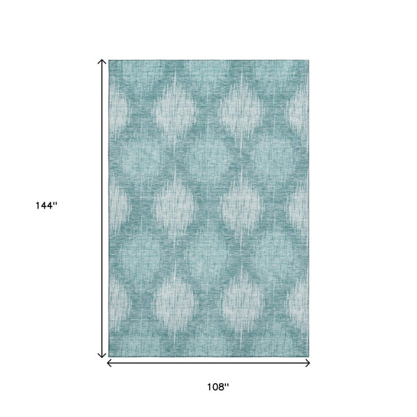HomeRoots 9' X 12' Teal And Ivory Ikat Area Rug - Stylish, Washable, UV-Protected for Everyday Family Living 667556