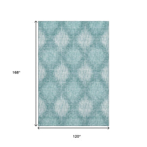 HomeRoots 10' X 14' Teal & Ivory Ikat Area Rug - Washable, UV-Protected, Stylish & Stain-Resistant Design! 667557
