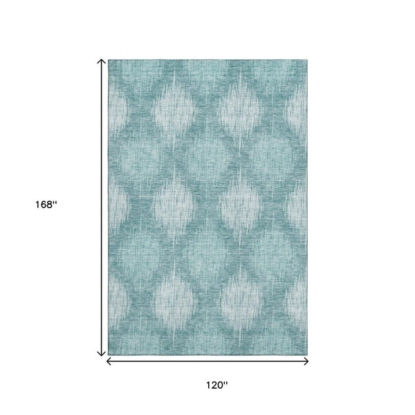 HomeRoots 10' X 14' Teal & Ivory Ikat Area Rug - Washable, UV-Protected, Stylish & Stain-Resistant Design! 667557
