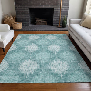 HomeRoots 10' X 14' Teal & Ivory Ikat Area Rug - Washable, UV-Protected, Stylish & Stain-Resistant Design! 667557