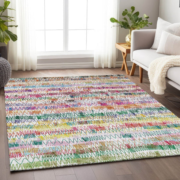 HomeRoots 5' X 8' Vibrant Striped Area Rug with UV Protection - Washable, Stain Resistant, Perfect for Homes! 667565