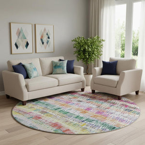 HomeRoots 8' Vibrant Green, Purple & Orange Striped Washable Round Rug - UV Protected & Stain Resistant Design 667566
