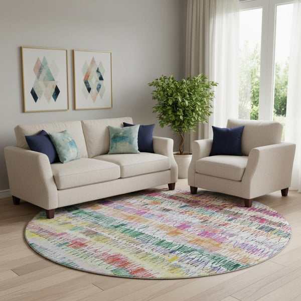 HomeRoots 8' Vibrant Green, Purple & Orange Striped Washable Round Rug - UV Protected & Stain Resistant Design 667566