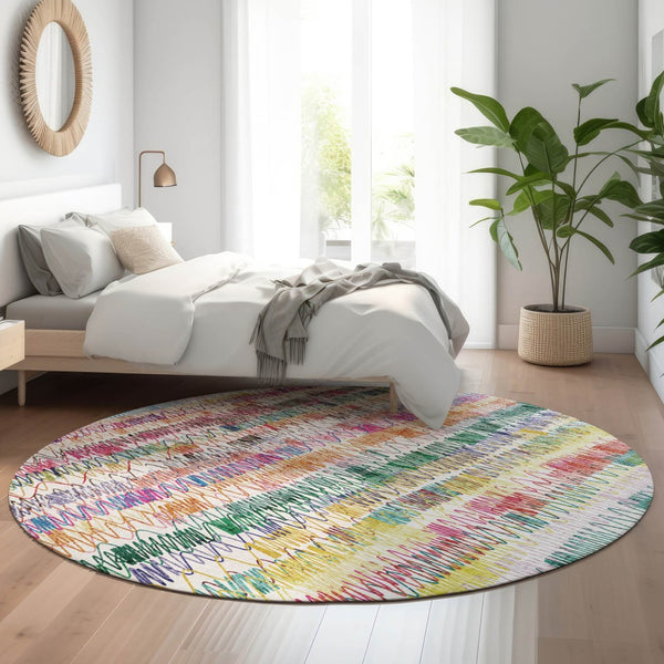 HomeRoots 8' Vibrant Green, Purple & Orange Striped Washable Round Rug - UV Protected & Stain Resistant Design 667566
