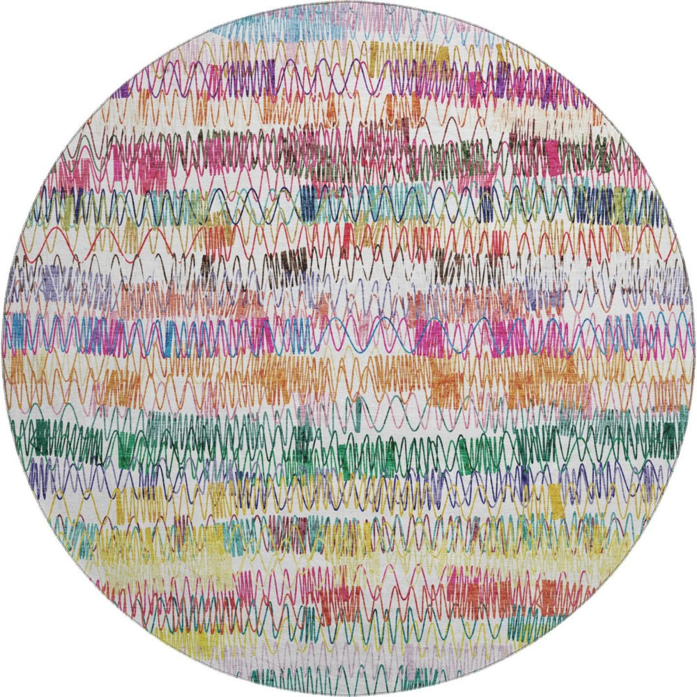 HomeRoots 8' Vibrant Green, Purple & Orange Striped Washable Round Rug - UV Protected & Stain Resistant Design 667566