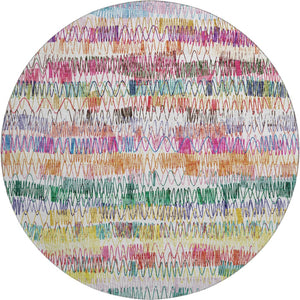HomeRoots 8' Vibrant Green, Purple & Orange Striped Washable Round Rug - UV Protected & Stain Resistant Design 667566