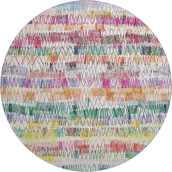 HomeRoots 8' Vibrant Green, Purple & Orange Striped Washable Round Rug - UV Protected & Stain Resistant Design 667566
