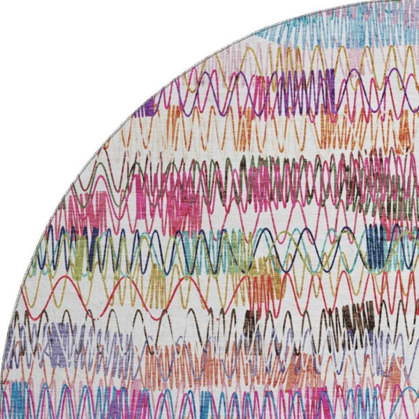 HomeRoots 8' Vibrant Green, Purple & Orange Striped Washable Round Rug - UV Protected & Stain Resistant Design 667566