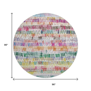 HomeRoots 8' Vibrant Green, Purple & Orange Striped Washable Round Rug - UV Protected & Stain Resistant Design 667566
