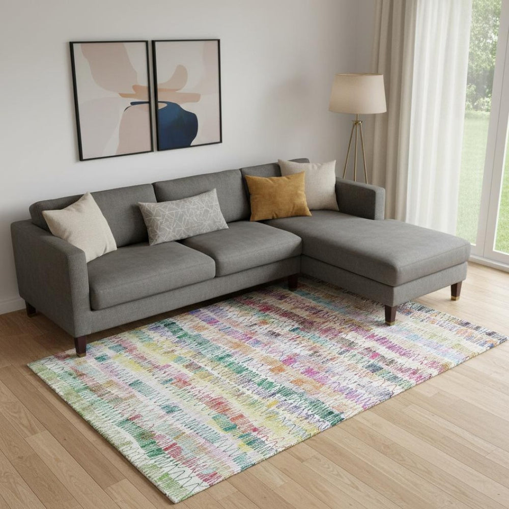 HomeRoots 10' Striped Area Rug in Green, Purple & Orange – Washable, UV-Protected, Pet & Kid-Friendly Design! 667569