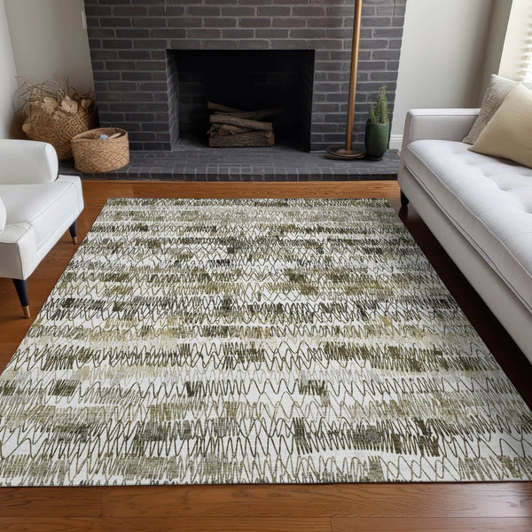 HomeRoots 5' Taupe Gray and Ivory Striped Washable Area Rug - Durable, UV-Protected, Perfect for Homes! 667571