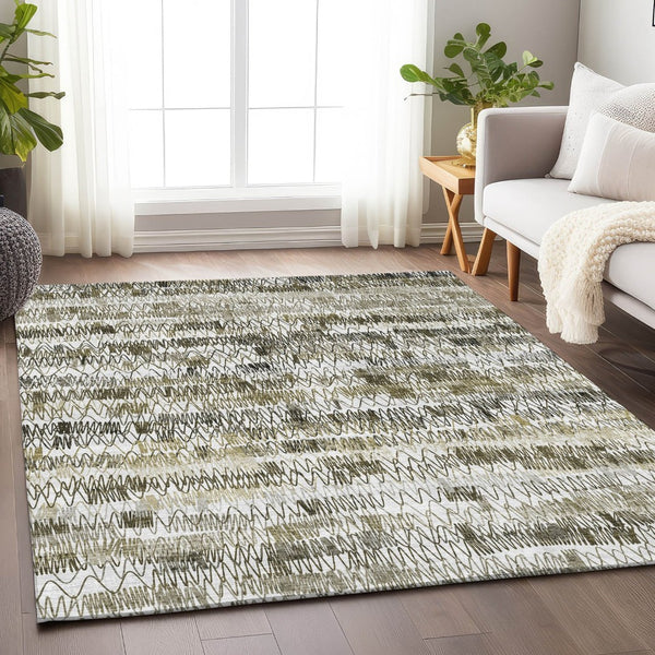 HomeRoots 5' Taupe Gray and Ivory Striped Washable Area Rug - Durable, UV-Protected, Perfect for Homes! 667571