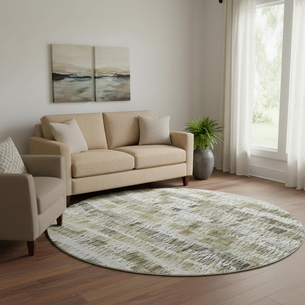 HomeRoots 8' Taupe Gray & Ivory Striped Washable Round Rug – UV Protected, Stain-Resistant, Durable Design! 667572